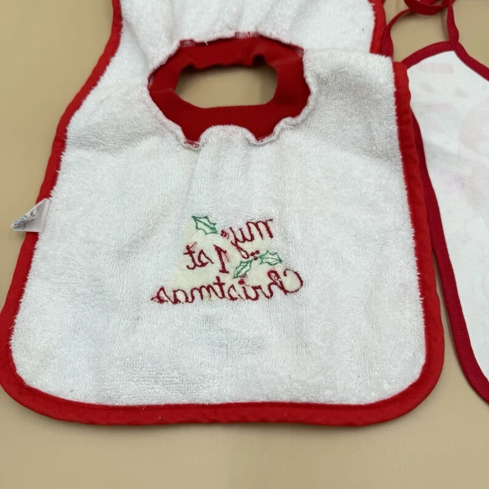 Vintage My First Christmas Baby Feeding Bib Lot Of 2 Santa USA Made 1980s
